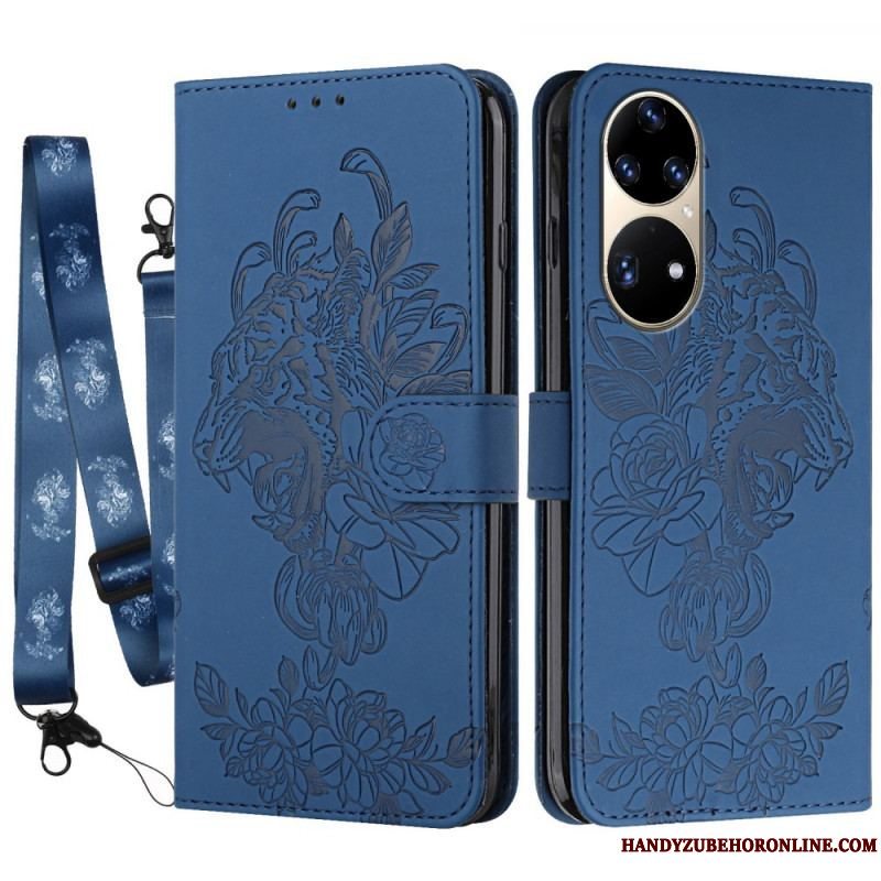 Læder Cover Huawei P50 Pro Med Snor Barok Strappy Tiger