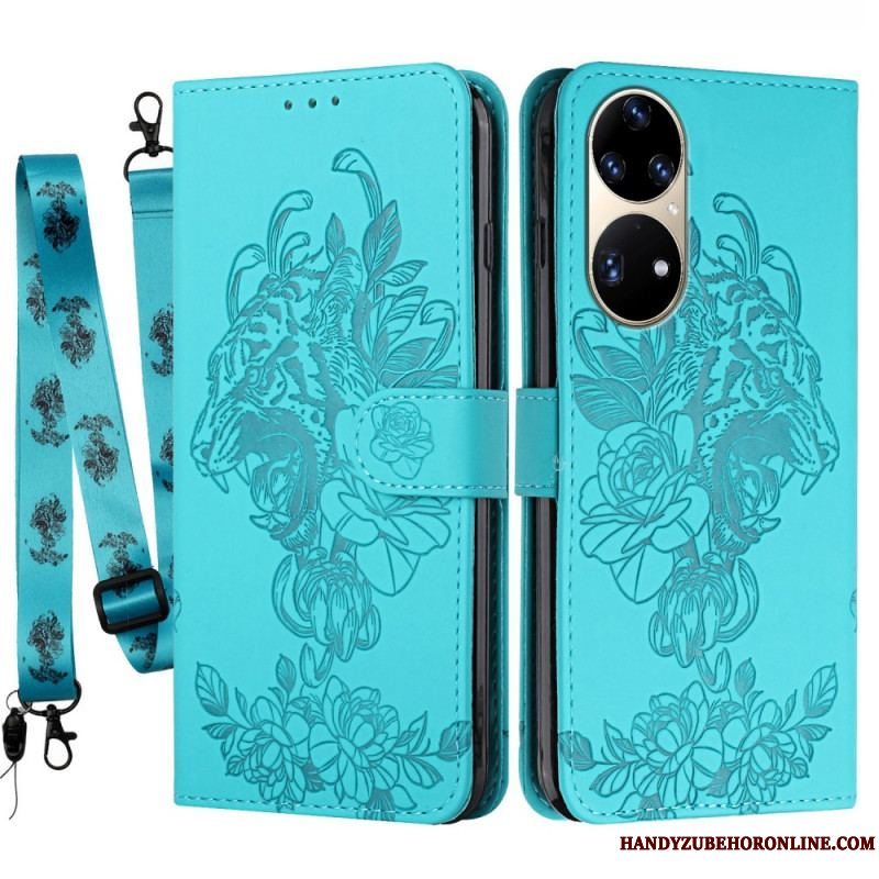 Læder Cover Huawei P50 Pro Med Snor Barok Strappy Tiger