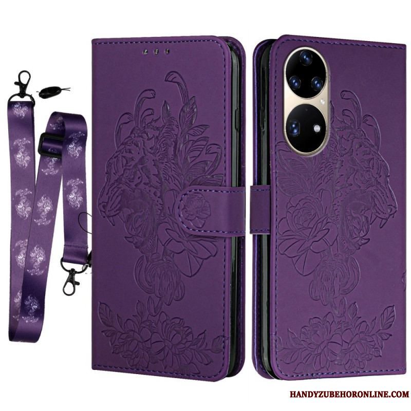 Læder Cover Huawei P50 Pro Med Snor Barok Strappy Tiger