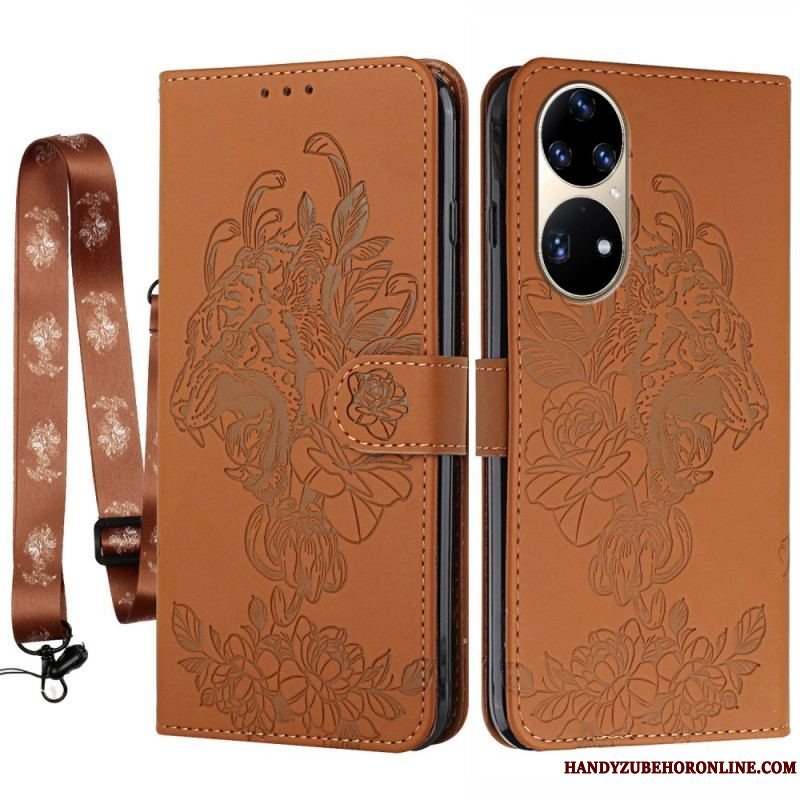 Læder Cover Huawei P50 Pro Med Snor Barok Strappy Tiger