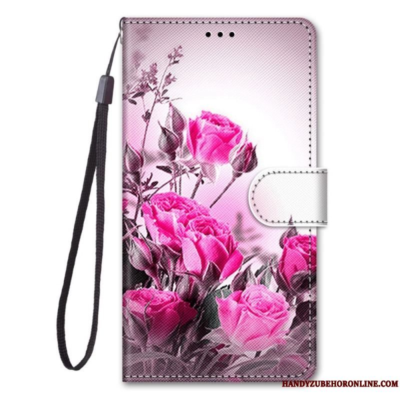 Læder Cover Samsung Galaxy M53 5G Med Snor Rem Blomster