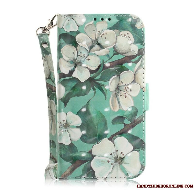 Læder Cover Samsung Galaxy S21 5G Med Snor Blomstrende Gren Med Rem