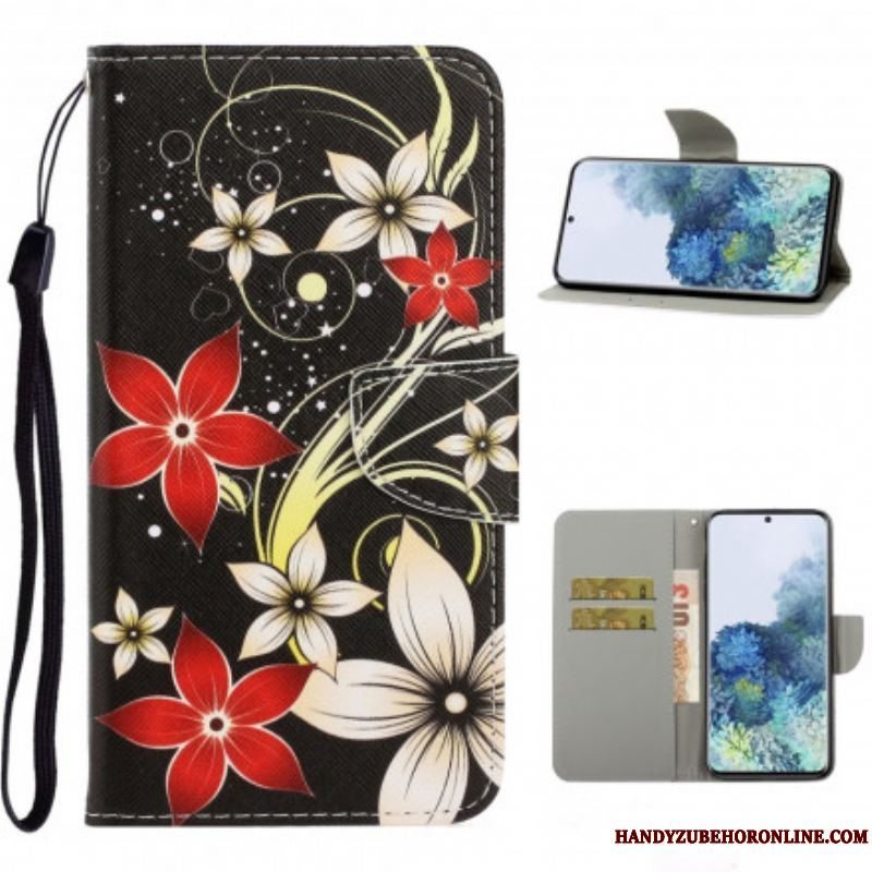 Læder Cover Samsung Galaxy S21 Ultra 5G Med Snor Farverige Strappy Blomster