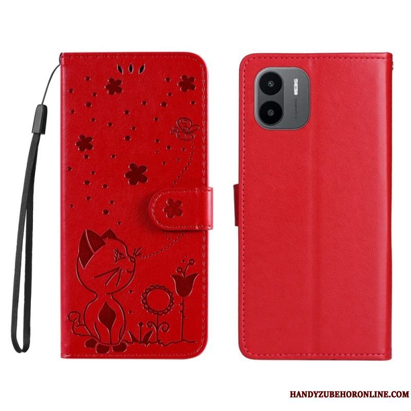 Læder Cover Xiaomi Redmi A1 Med Snor Kat Og Bi Med Snor