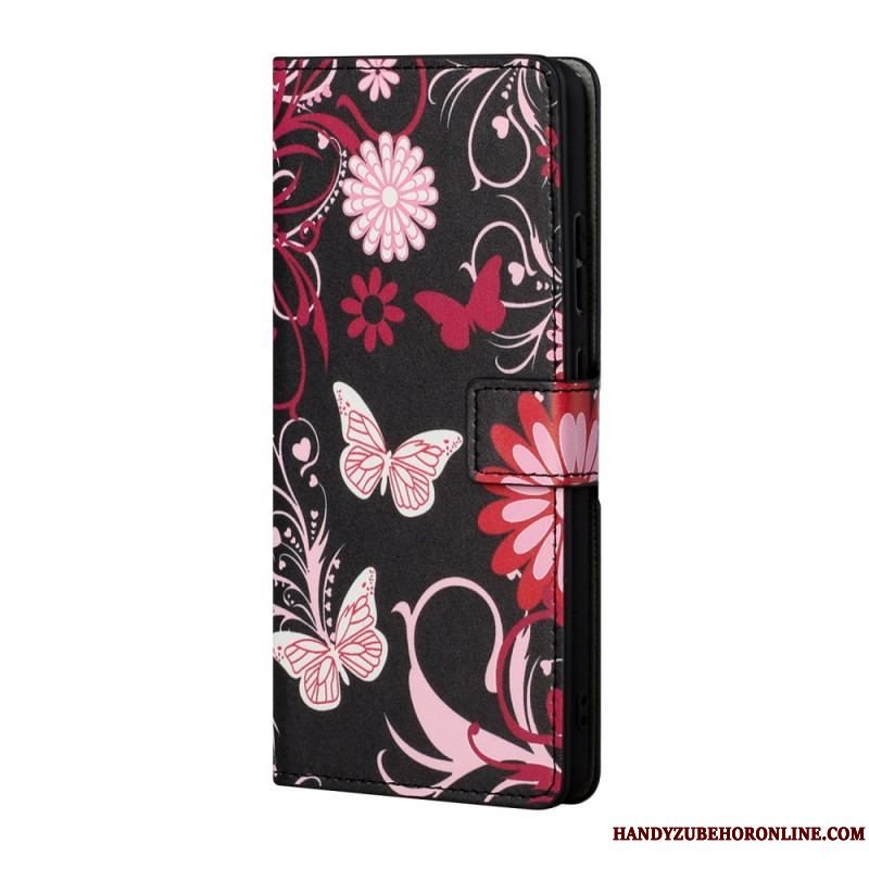 Læder Cover Xiaomi Redmi Note 11 / 11S Sommerfugle Og Blomster