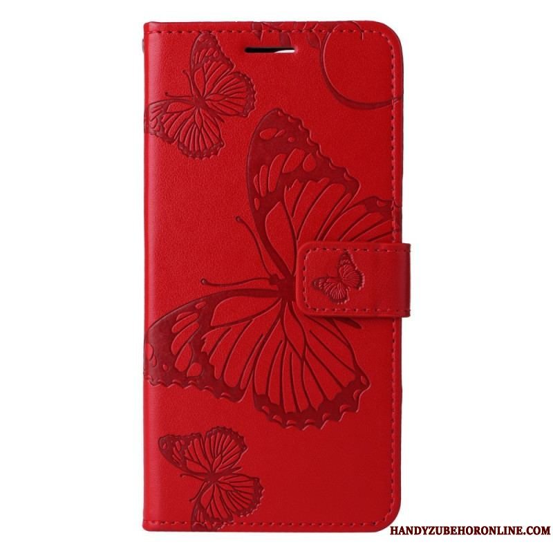 Læder Cover Xiaomi Redmi Note 12 5G Med Snor Kæmpe Sommerfugle Med Rem