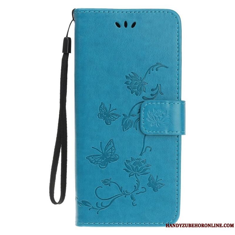 Læder Cover iPhone 13 Mini Med Snor Sommerfugle Og Blomsterrem