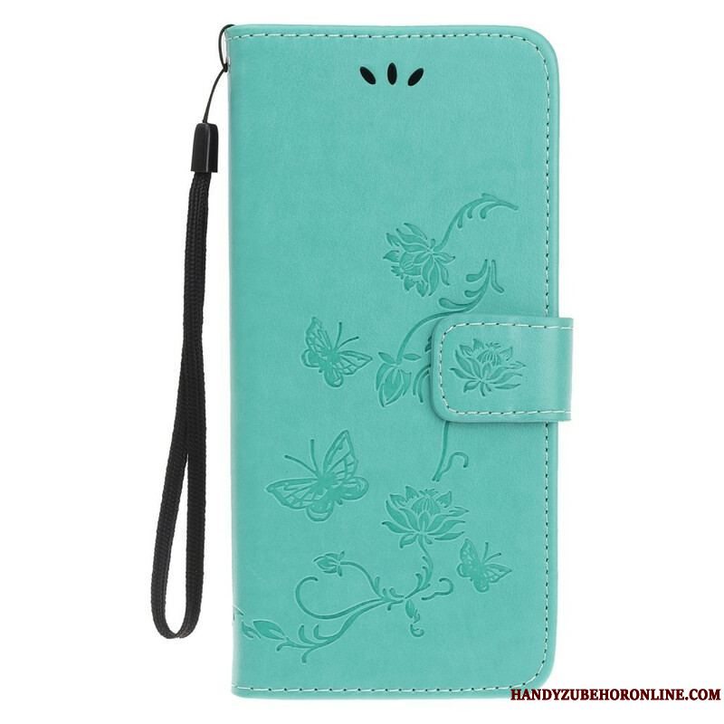 Læder Cover iPhone 13 Mini Med Snor Sommerfugle Og Blomsterrem