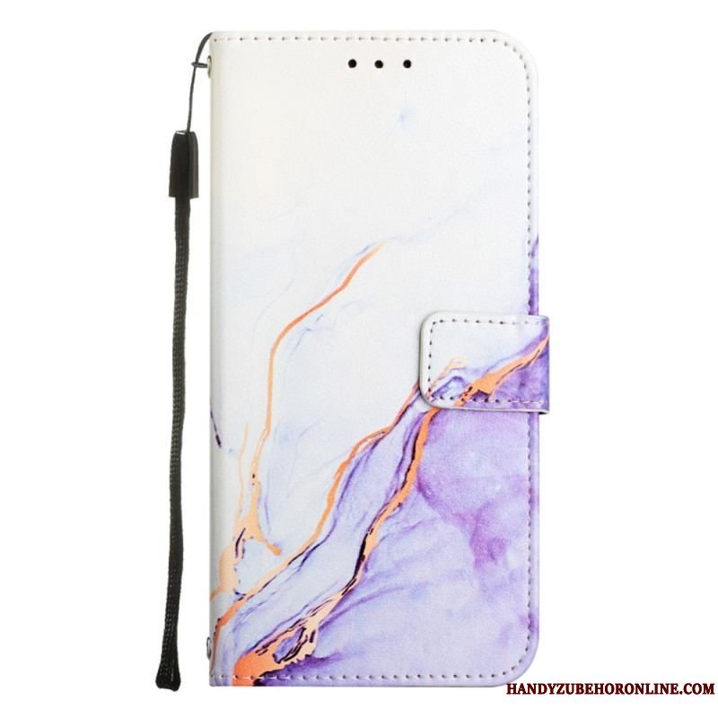 Læder Cover iPhone 14 Pro Max Med Snor Strip Marmor