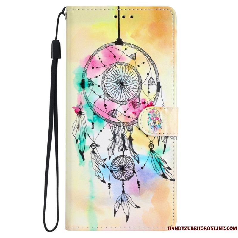 Læder Cover iPhone 15 Plus Med Snor Akvarel Drømmefanger Med Rem