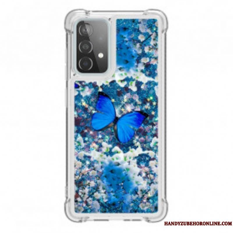 Cover Samsung Galaxy A52 4G / A52 5G / A52s 5G Glitter Blå Sommerfugle