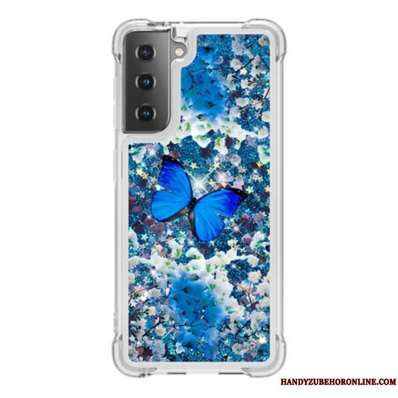 Cover Samsung Galaxy S21 5G Glitter Blå Sommerfugle