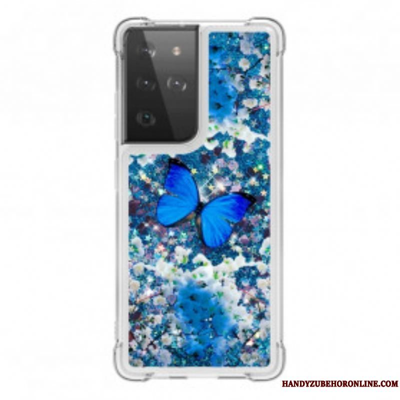 Cover Samsung Galaxy S21 Ultra 5G Glitter Blå Sommerfugle