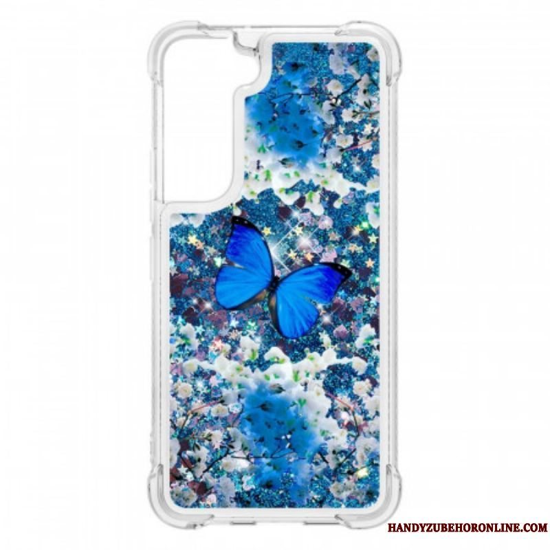 Cover Samsung Galaxy S22 5G Glitter Blå Sommerfugle