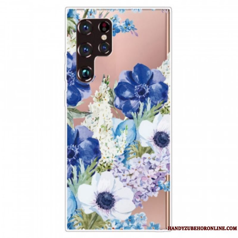 Cover Samsung Galaxy S22 Ultra 5G Akvarel Blå Blomster