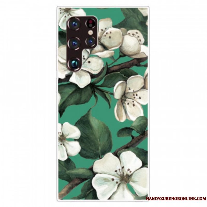 Cover Samsung Galaxy S22 Ultra 5G Malede Hvide Blomster