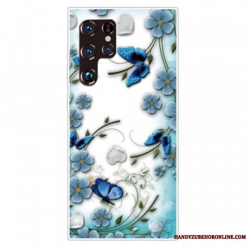 Cover Samsung Galaxy S22 Ultra 5G Retro Sommerfugle Og Blomster