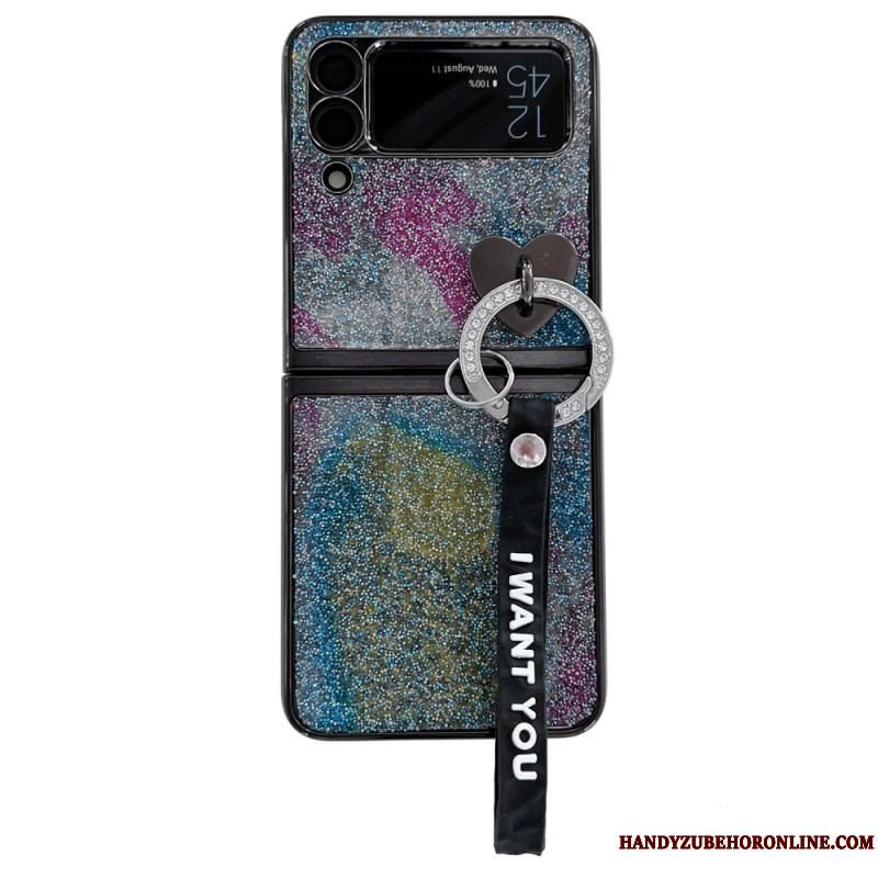 Cover Samsung Galaxy Z Flip 3 5G Flip Cover Pailletter Charms Og Lanyard