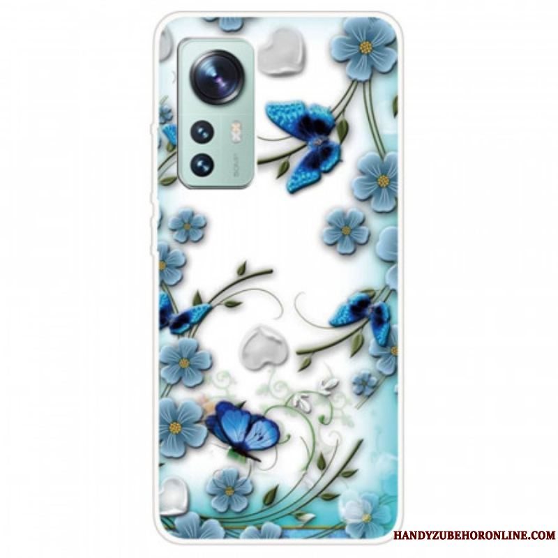Cover Xiaomi 12 / 12X Blå Blomster Og Sommerfugle
