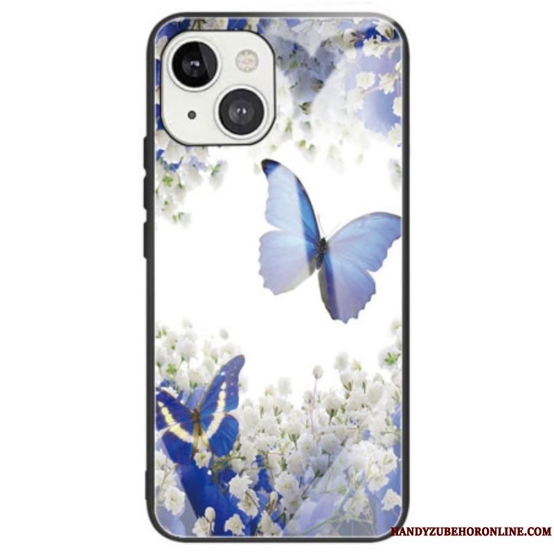Cover iPhone 14 Blå Sommerfugle Hærdet Glas