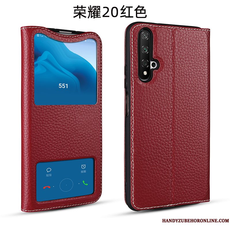 Etui Honor 20 Folio Cow Vinrød, Cover Honor 20 Beskyttelse Telefonbusiness