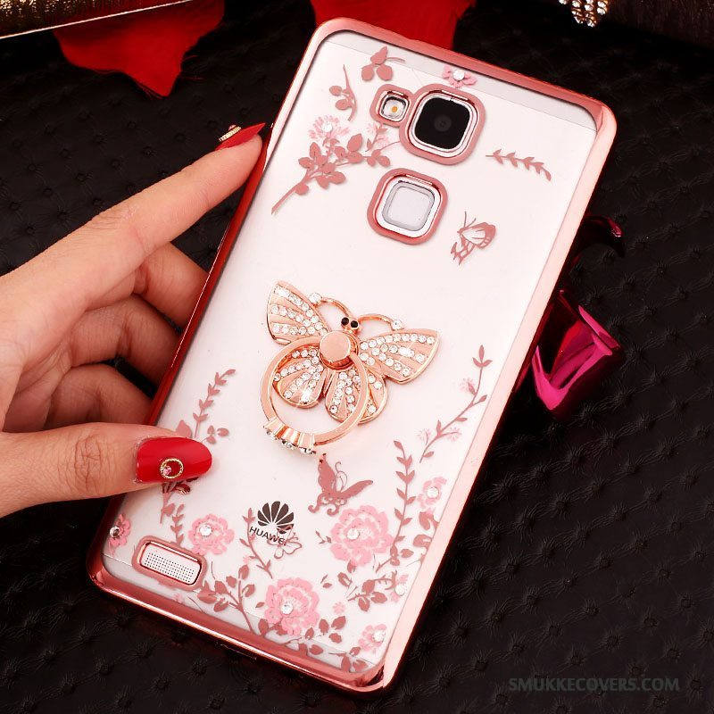 Etui Huawei Ascend Mate 7 Strass Ring Knapper, Cover Huawei Ascend Mate 7 Silikone Gennemsigtig Lyserød