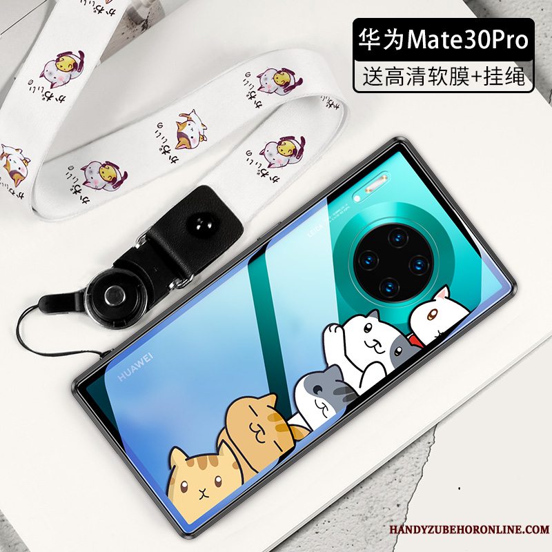 Etui Huawei Mate 30 Tasker Glas Trendy, Cover Huawei Mate 30 Cartoon Kat Hjerte