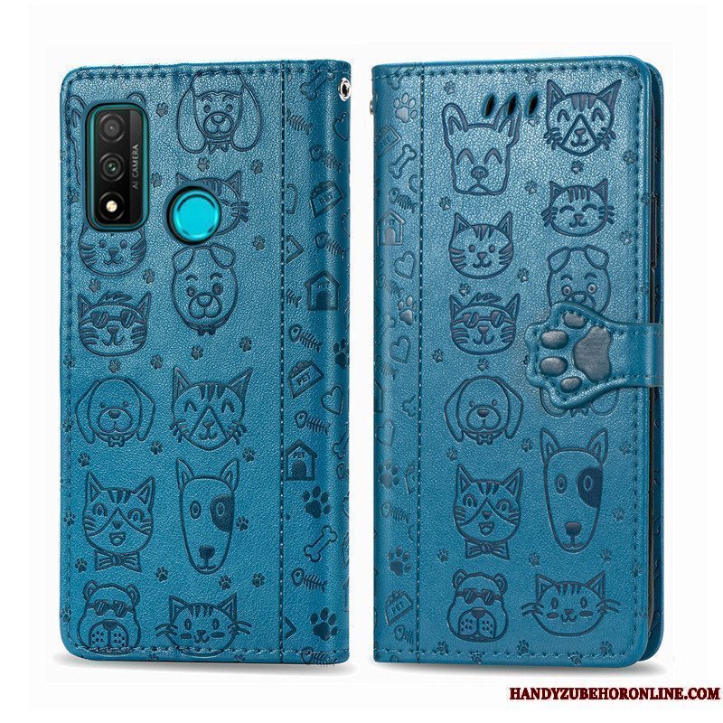 Etui Huawei P Smart 2020 Læder Blå Telefon, Cover Huawei P Smart 2020 Cartoon Prægning Kat