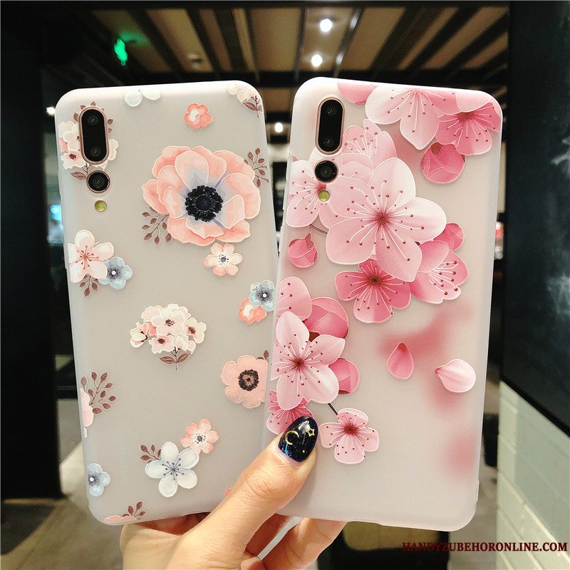 Etui Huawei P20 Pro Relief Telefonanti-fald, Cover Huawei P20 Pro Beskyttelse Blomster Lyserød