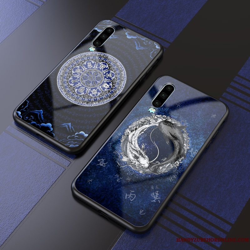 Etui Huawei P30 Tasker Af Personlighed Glas, Cover Huawei P30 Silikone Blå Spejl