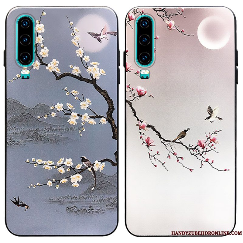 Etui Huawei P30 Vintage Plomme Blomst Trend, Cover Huawei P30 Tasker Trendy Vind