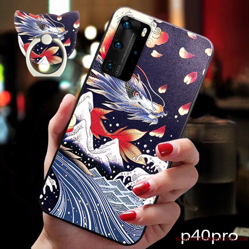 Etui Huawei P40 Pro Relief Kinesisk Stil Af Personlighed, Cover Huawei P40 Pro Blød Telefonblå