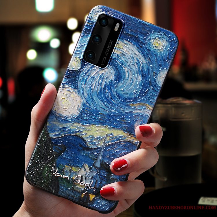 Etui Huawei P40 Silikone Let Tynd Blå, Cover Huawei P40 Beskyttelse Nubuck Oliemaleri