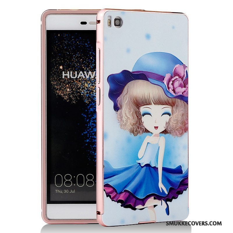 Etui Huawei P8 Cartoon Telefonblå, Cover Huawei P8 Metal Ramme