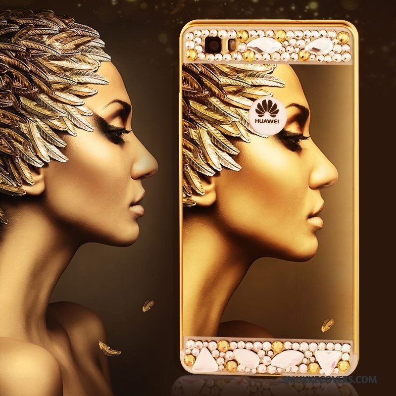 Etui Huawei P8 Strass Guld Ramme, Cover Huawei P8 Metal Høj Telefon