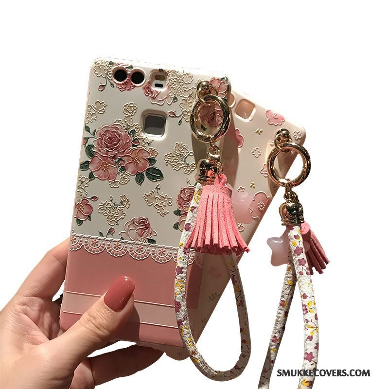 Etui Huawei P9 Silikone Kronblade Nubuck, Cover Huawei P9 Blød Kat Blomster