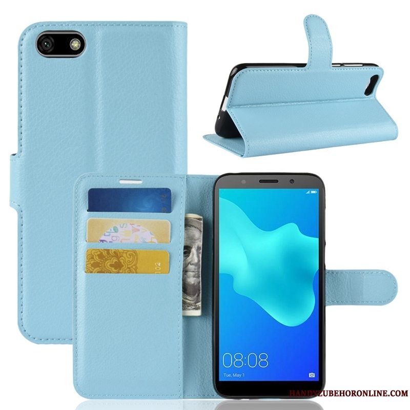 Etui Huawei Y5 2018 Læder Blå Telefon, Cover Huawei Y5 2018 Folio Anti-fald Kort