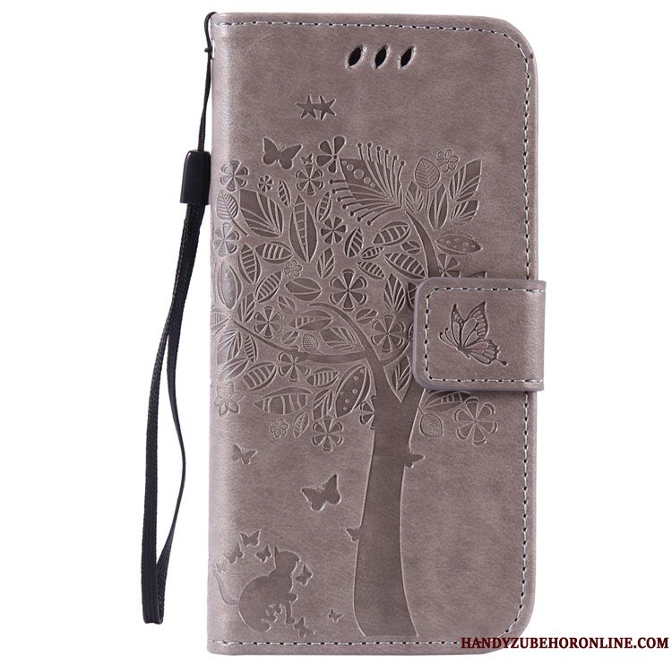 Etui Huawei Y5 2018 Læder Kat Sommerfugle, Cover Huawei Y5 2018 Beskyttelse Prægning Grå