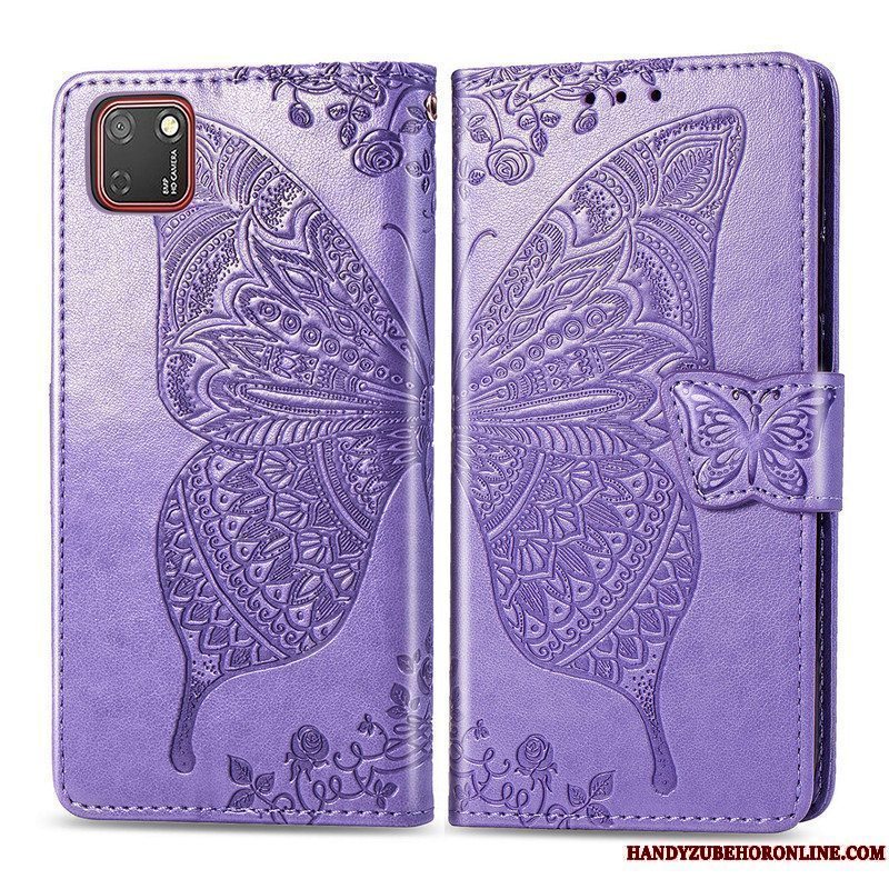 Etui Huawei Y5p Folio Blomster Telefon, Cover Huawei Y5p Beskyttelse Sommerfugle Lilla