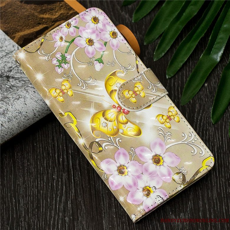 Etui Huawei Y7 2019 Læder Sommerfugle Guld, Cover Huawei Y7 2019 Folio Telefonanti-fald