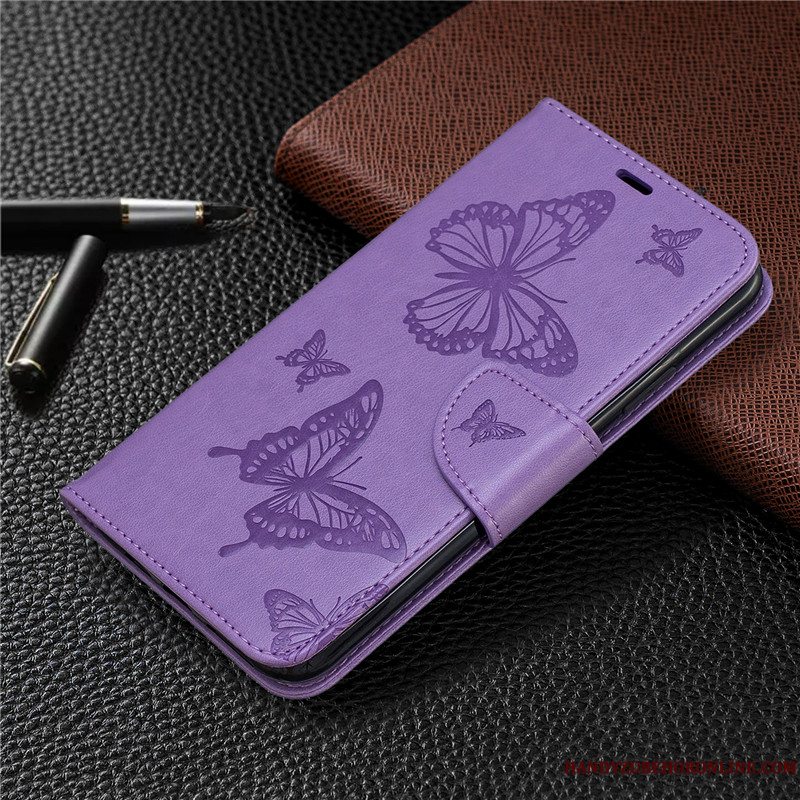 Etui Mi Note 10 Læder Solid Farve Lilla, Cover Mi Note 10 Relief Sommerfugle Hængende Ornamenter