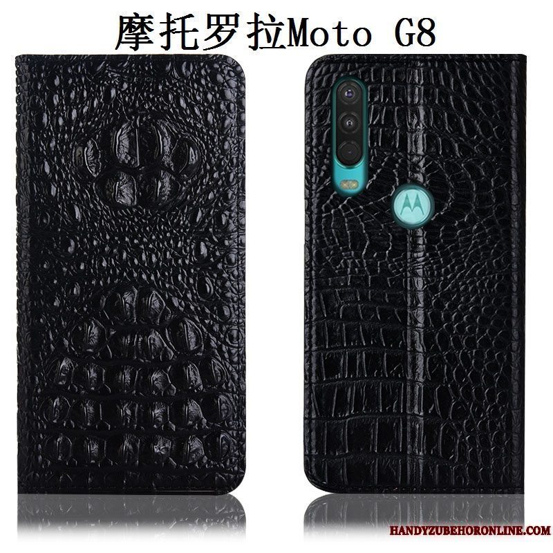 Etui Moto G8 Læder Anti-fald Telefon, Cover Moto G8 Sort