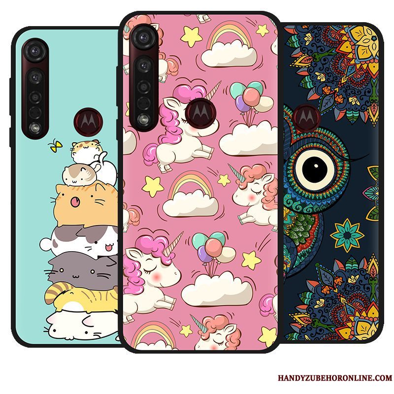 Etui Moto G8 Plus Cartoon Lyserød Nubuck, Cover Moto G8 Plus Kreativ Telefonsort