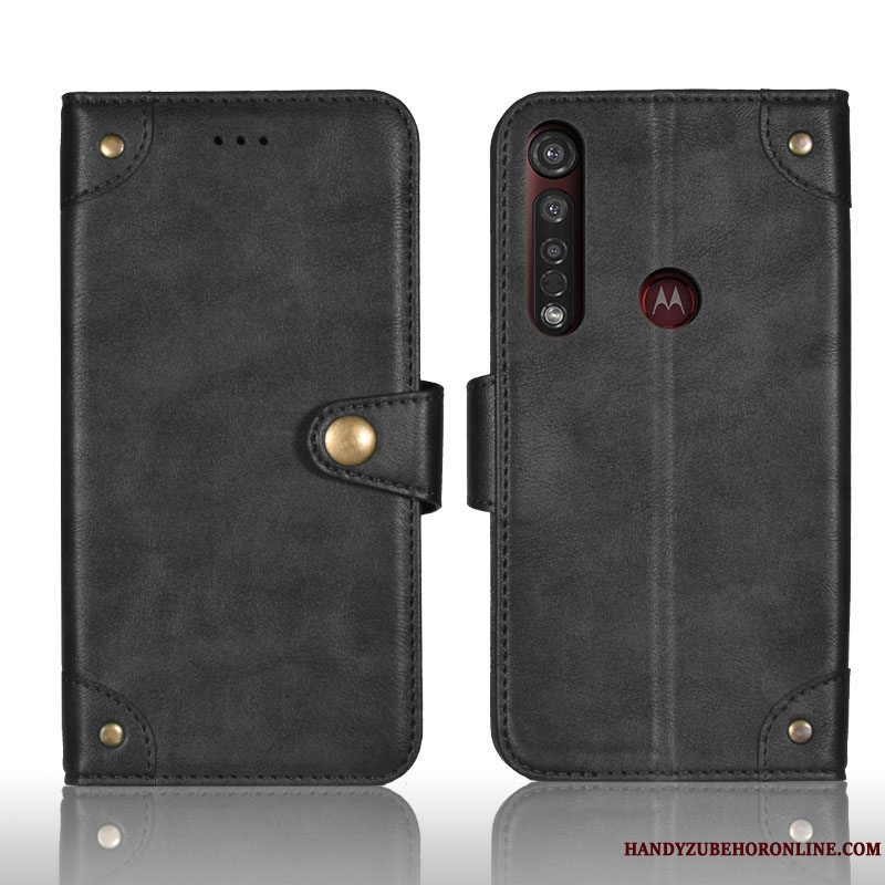 Etui Moto G8 Plus Vintage Sort Kort, Cover Moto G8 Plus Læder Telefon