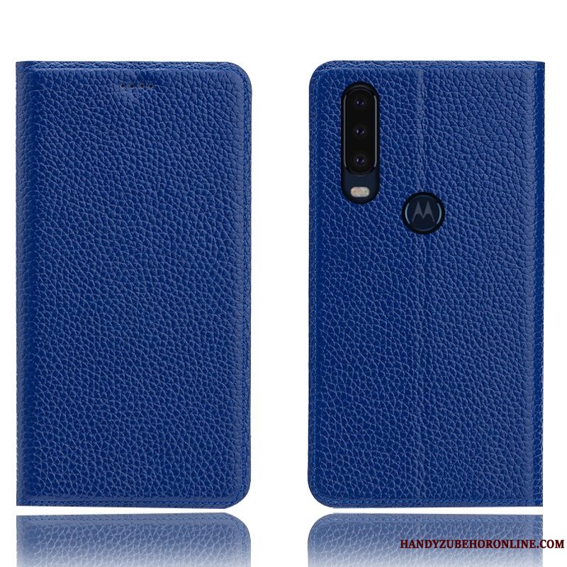 Etui Motorola One Action Folio Blå Litchi, Cover Motorola One Action Læder Anti-fald Mønster