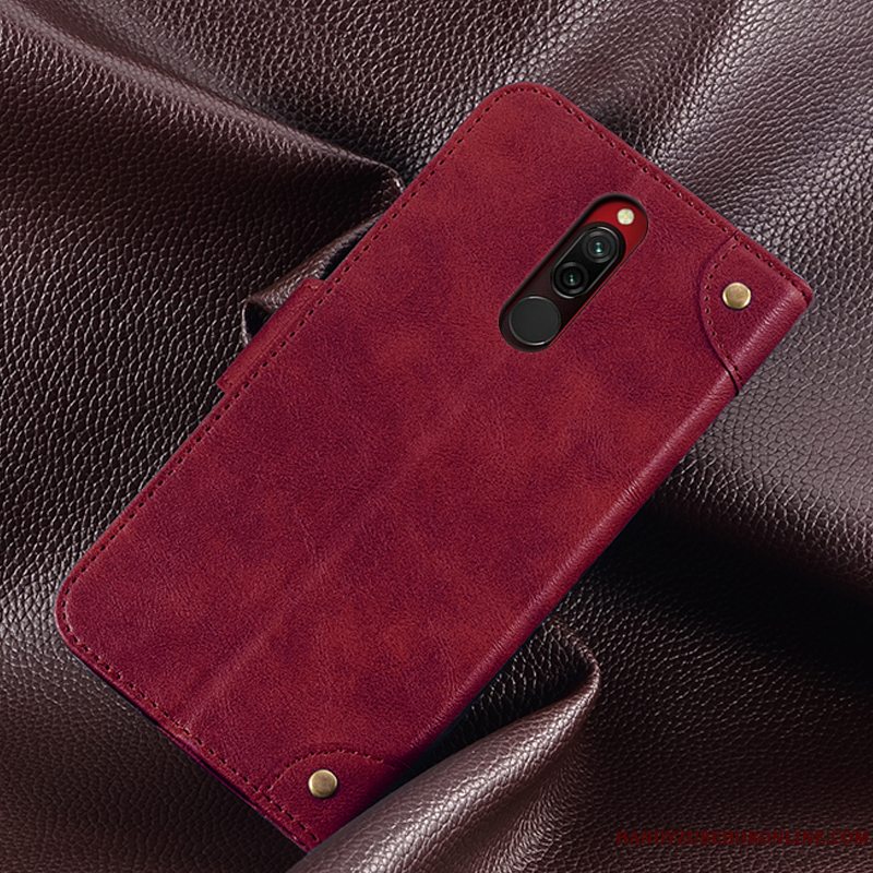 Etui Redmi 8 Tegnebog Rød Anti-fald, Cover Redmi 8 Silikone Korte Hængende Ornamenter