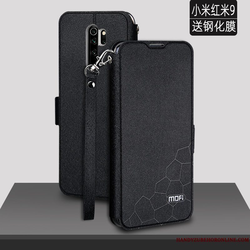 Etui Redmi 9 Læder Nubuck Rød, Cover Redmi 9 Tasker Anti-fald Sort