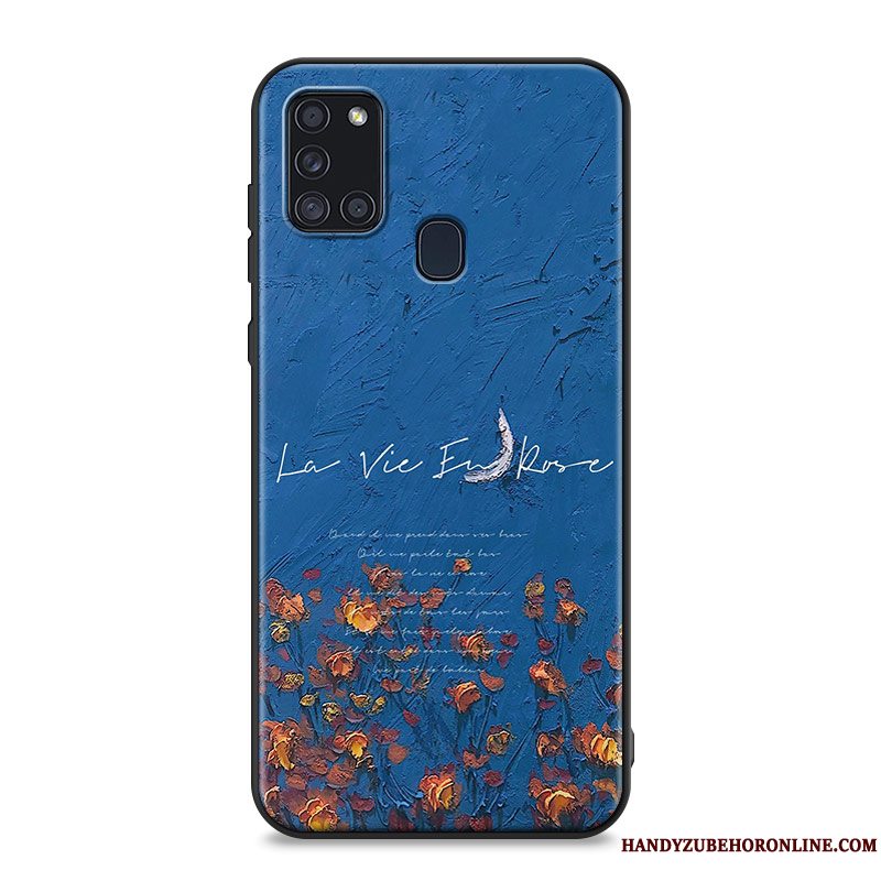 Etui Samsung Galaxy A21s Blød Oliemaleri Blå, Cover Samsung Galaxy A21s Silikone Telefonblomster