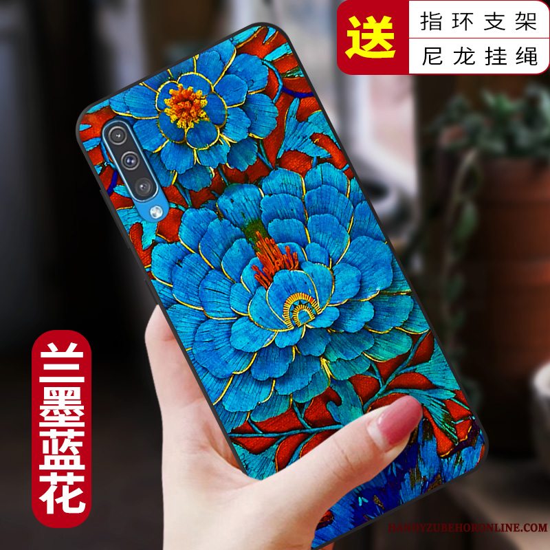 Etui Samsung Galaxy A50 Tasker Kinesisk Stil Telefon, Cover Samsung Galaxy A50 Silikone Anti-fald Blå