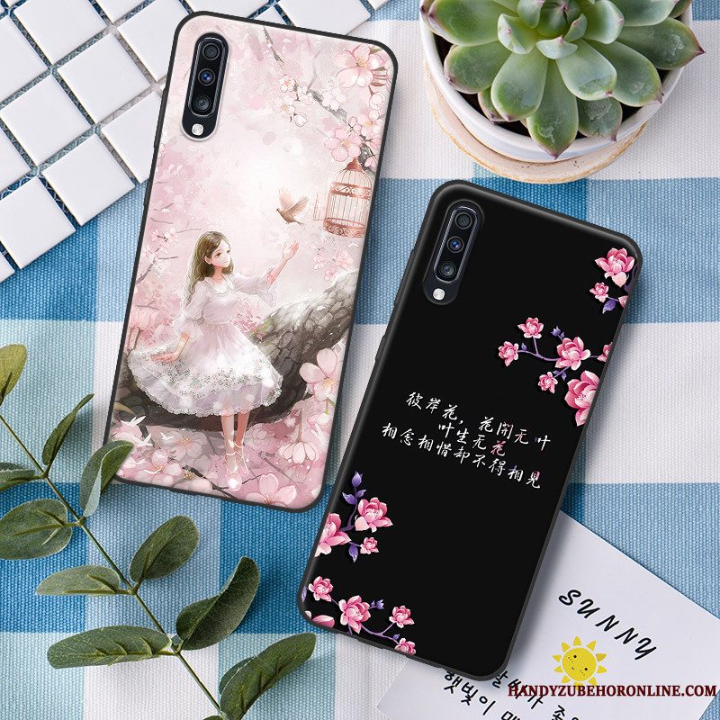 Etui Samsung Galaxy A70 Silikone Sort Blomster, Cover Samsung Galaxy A70 Tasker Hængende Ornamenter Telefon